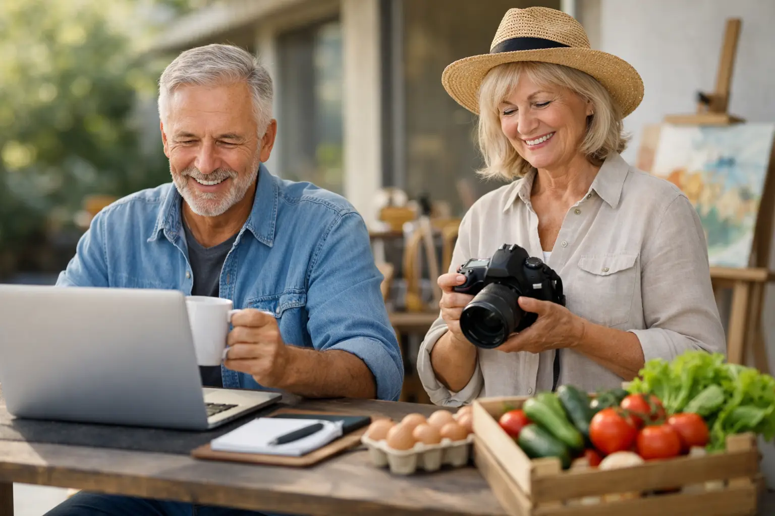 A smiling senior couple outdoors; the man uses a laptop while the woman holds a camera near a crate of vegetables