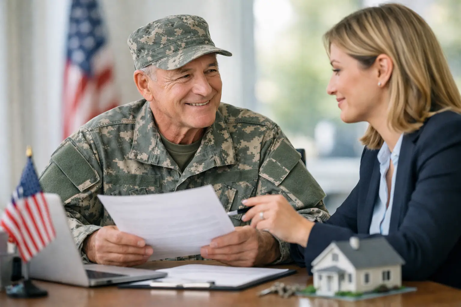 Retired veteran reviewing VA loan documents with a lender